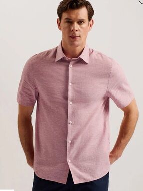 Ted Baker Mens Linen Cotton Short Sleeve Button Down Shirt Sz 4 L Pink Salmon